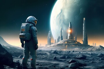 futuristic astronaut standing on the moon with new town, Generative AI - obrazy, fototapety, plakaty