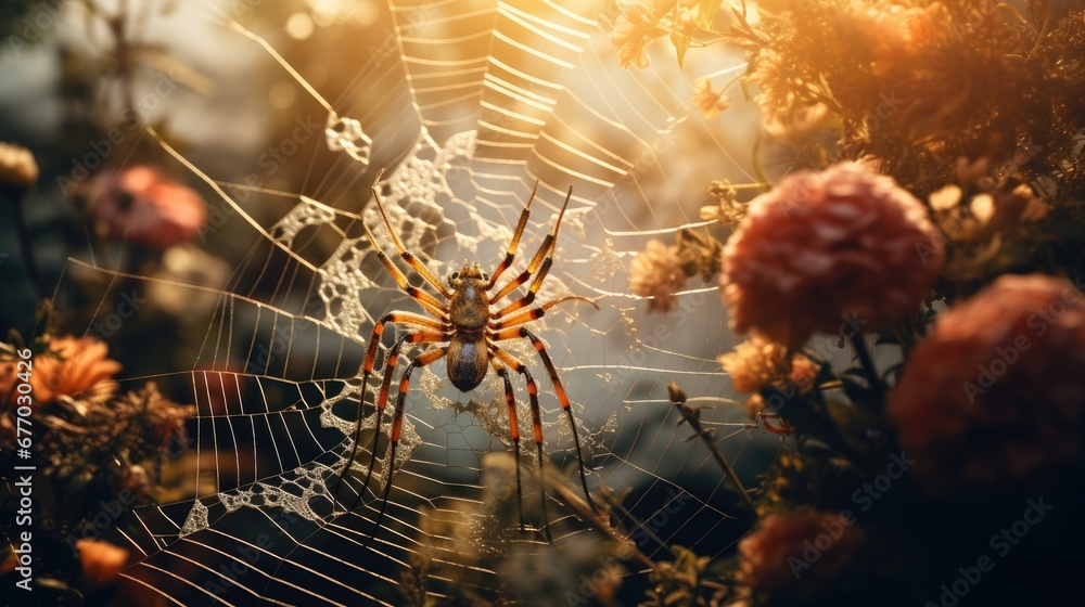 Poster a spider in the middle of a spider web. generative ai.