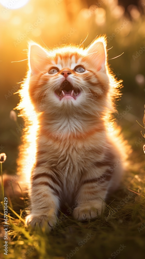 Poster a cat in the grass with its mouth open. generative ai.