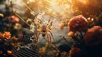 A spider in the middle of a spider web. Generative AI.