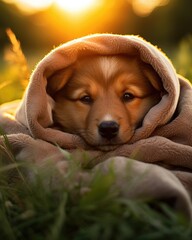A dog is wrapped up in a blanket. Generative AI.