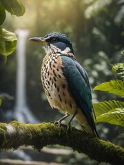 Fototapeta premium AI generated illustration of a small bird perched atop a tree branch in a lush forest setting