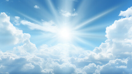 a view with a sun shining through clouds, in the style of sky-blue and white