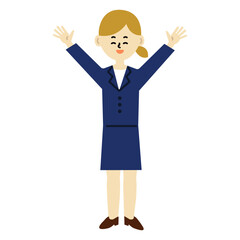 ビジネスパーソン　バンザイ　仕事　女性　全身　笑顔　喜ぶ　イラスト	
