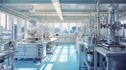 a modern science laboratory, in the style of light blue and white