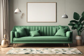 green couch and cor in the room. Illustration mockup in 3D render