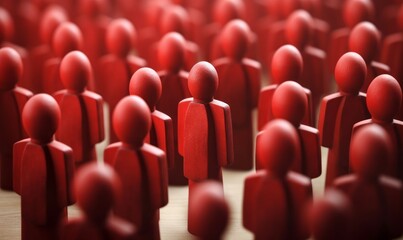 red figurine of a man stands aside from the crowd of people wooden, different concept, Generative AI