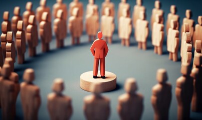 figurine man leader stand with people wooden team, leader lead and way to successful teamwork concept, Generative AI - obrazy, fototapety, plakaty
