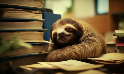 very tired sloth sleeps on lots of files in the office, Generative AI