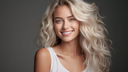 Fototapeta premium a closeup photo portrait of a pretty blonde woman smiling with perfect clean teeth. used for a dental ad. beautiful lady. staying oustide on a city nature background. Generative AI