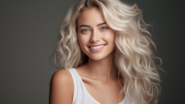 a closeup photo portrait of a pretty blonde woman smiling with perfect clean teeth. used for a dental ad. beautiful lady. staying oustide on a city nature background. Generative AI
