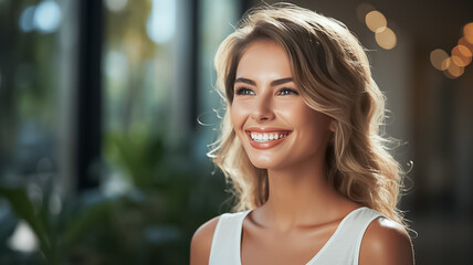 a closeup photo portrait of a pretty blonde woman smiling with perfect clean teeth. used for a dental ad. beautiful lady. staying oustide on a city nature background. Generative AI - obrazy, fototapety, plakaty
