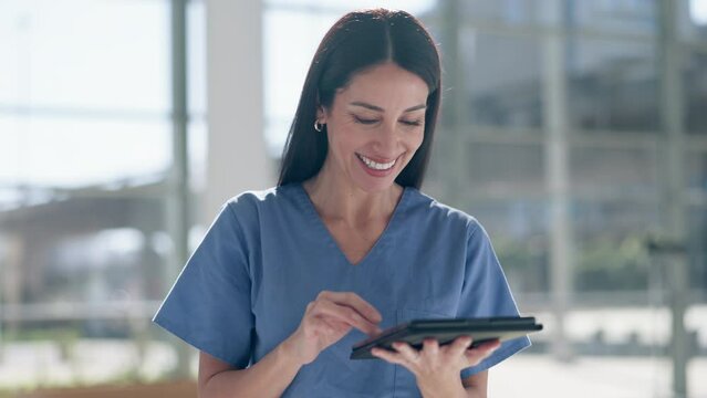 Nurse, woman or smile with tablet in hospital for healthcare, telehealth analysis or online innovation. Happy surgeon, medical doctor or digital tech for planning data, clinic research or information