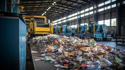 A conveyor belt filled with various types of trash in a waste recycling factory