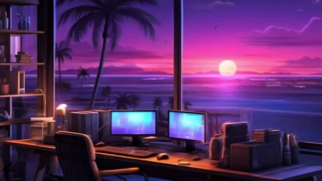 Miami Vice Sunset: Office with Desktop Overlooking Ocean Beach View
