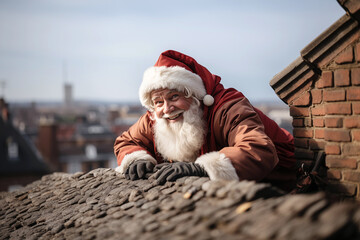Legendary grey-haired Santa Claus secretly climbing on the rooftop. Christmas mysterious athmosphere. - obrazy, fototapety, plakaty