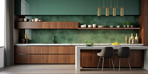 Generation AI. A sleek and modern bright kitchen with minimalist style and