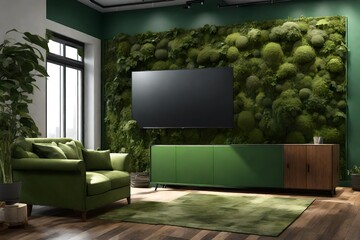 Green walls, a TV cabinet for a mockup, and a 3D representation of the room