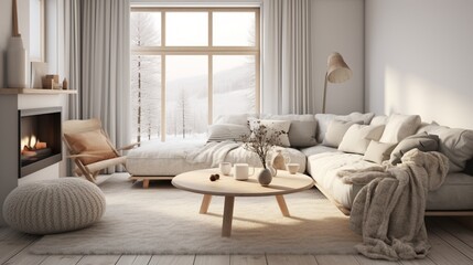 A Scandinavian-style living room with clean lines, neutral tones, and cozy knit blankets for a minimalist and inviting atmosphere. 