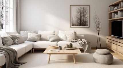 A Scandinavian-style living room with clean lines, neutral tones, and cozy knit blankets for a minimalist and inviting atmosphere