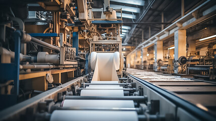 Modern paper mill factory with machines turning wood pulp into rolls of paper for various uses