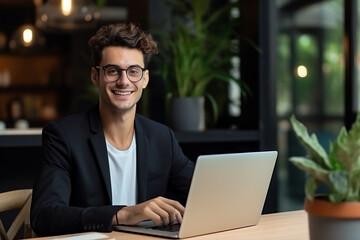 A happy business man sit on a table with laptop