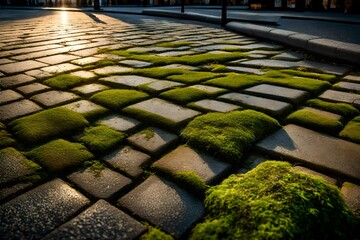 Bright evening sunshine illuminates a close-up of a pavement with green moss growing in the cracks between every block. Moss developing on a surface