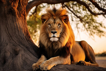 A lion sitting under a tree