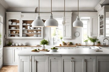 kitchen cabinet made of white wood with a white pendant lamp
