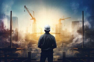 Construction worker in helmet in front of construction site - obrazy, fototapety, plakaty