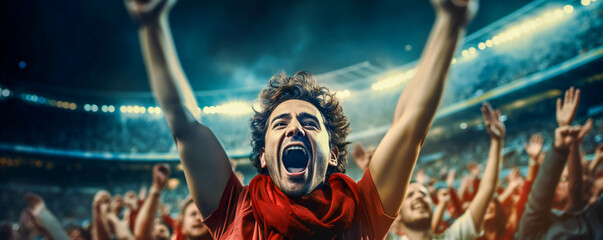 Football or rugby fans celebrating the victory of their favorite team - obrazy, fototapety, plakaty
