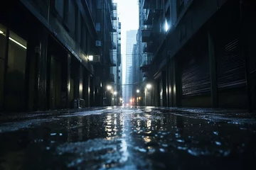 Fototapeten Narrow dark alley between skyscrappers in a big city after rain © Adrian Grosu