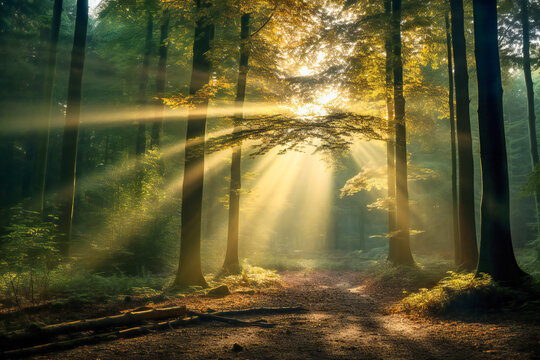 A misty forest with sunbeams in the morning