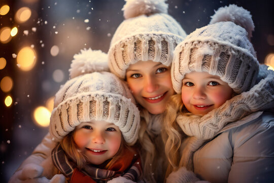 Three smiling little girls in winter