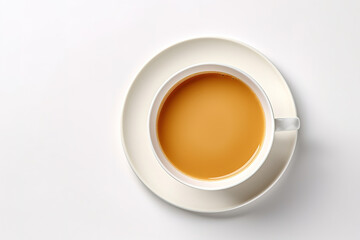 minimalist white background with a Tea cup, cappuccino, coffee , top view with empty copy space