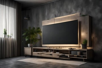 Mock-up TV cabinet in the living room at night against a concrete wall.3D modeling