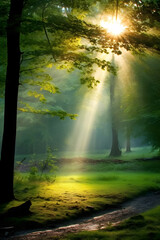 good morning fall - tranquil foggy forest scene, morning sunlight penetrates the forest trees