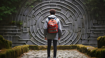 Young man facing a surreal complicated labyrinth ahead of him, concept of a life path - obrazy, fototapety, plakaty