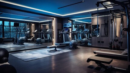 Fototapeta na wymiar A sleek home gym with mirrored walls, high-tech exercise equipment, and a motivational wall displaying fitness quotes.