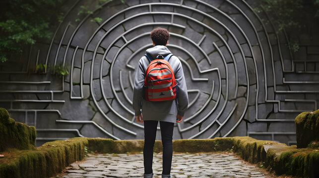 Young man facing a surreal complicated labyrinth ahead of him, concept of a life path