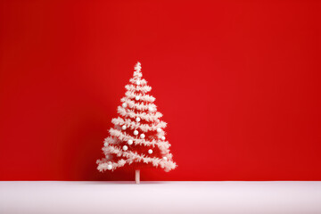 Snowy White Christmas Tree On Red Background