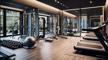 A sleek home gym with mirrored walls, high-tech exercise equipment, and a motivational wall displaying fitness quotes. --ar 16:9 --v 5.2 - Image #2 @sajawal