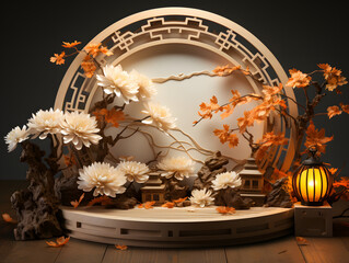 3d illustration of a beautiful autumn composition with a burning candle lantern, flowers and podium.
