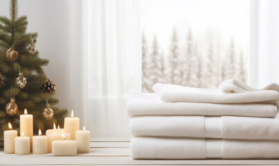 Composition of spa treatment at Christmas time. Empty template with set of towels and candles near Christmas tree. Visiting Spa as gift for Christmas or New Year. Relaxation on winter holidays. - obrazy, fototapety, plakaty