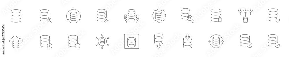Poster set of icons with objects related to data base in linear style. vector illustration.