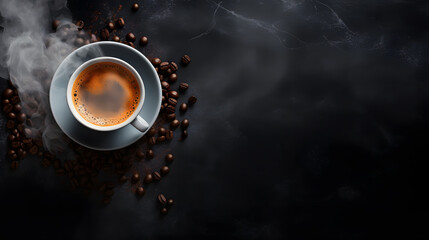 
a Cup Of hot Coffee and roasted coffee beans with a dark background for Copyspace - top view - Powered by Adobe