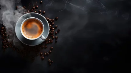   a Cup Of hot Coffee and roasted coffee beans with a dark background for Copyspace - top view © AgungRikhi