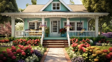 A suburban cottage with a colorful front door, flower-lined walkway, and a cozy porch swing for a welcoming and cheerful exterior.  - obrazy, fototapety, plakaty
