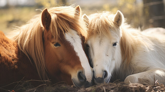 two brown and white ponies held their heads close together comfortably in the bright sunlight created with Generative AI Technology 