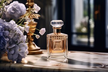 Fototapeta na wymiar Transparent bottle of perfume on a table among flowers. Elegant luxury fragrance presentation with daylight. Generative AI